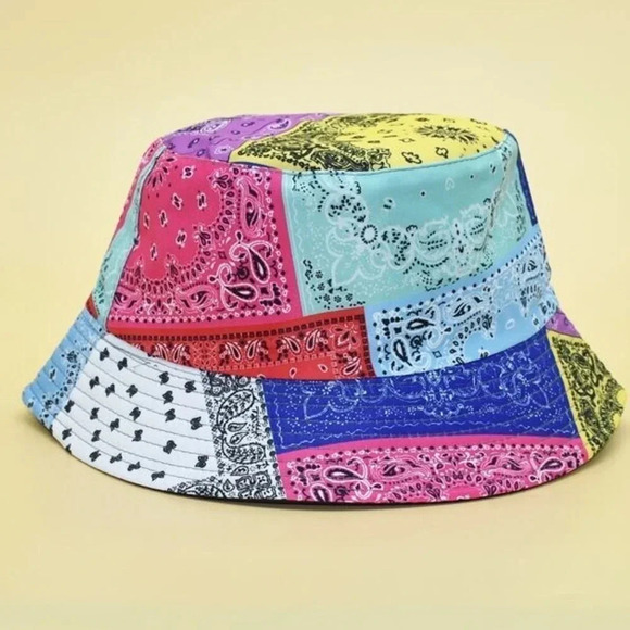 Patchwork Bucket Hat colorful bandana rainbow pride unisex baggu - Picture 1 of 7